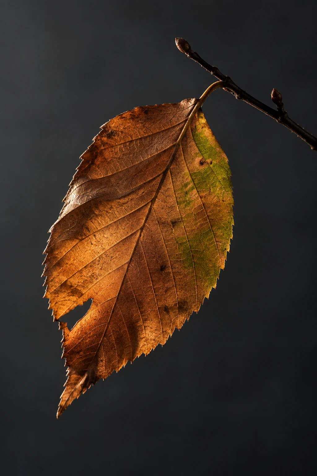 Copper-brown leaf with a green patch and torn edge on a dark twig.