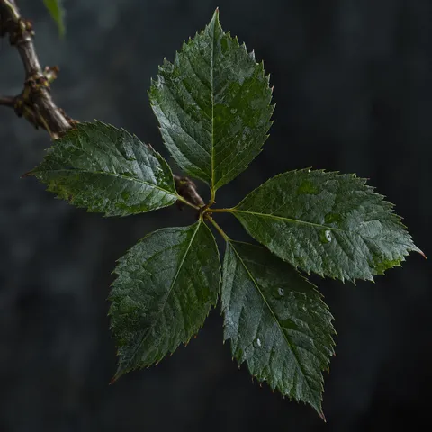 Five dark green serrated leaflets with droplets on a woody branch.