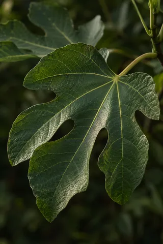 Large lobed fig leaf with pale branching veins and a softly blurred leaf behind.