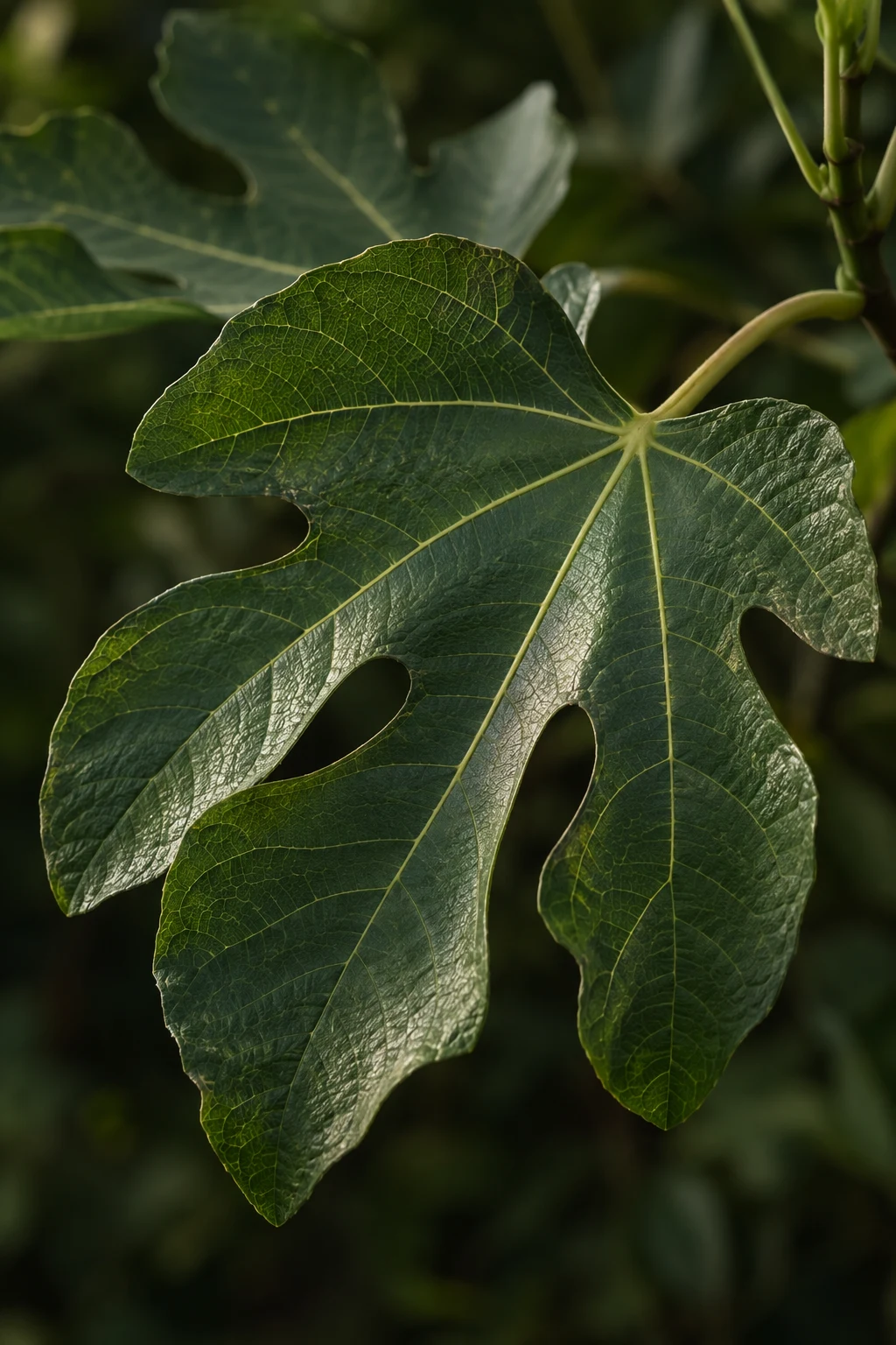 Large lobed fig leaf with pale branching veins and a softly blurred leaf behind.