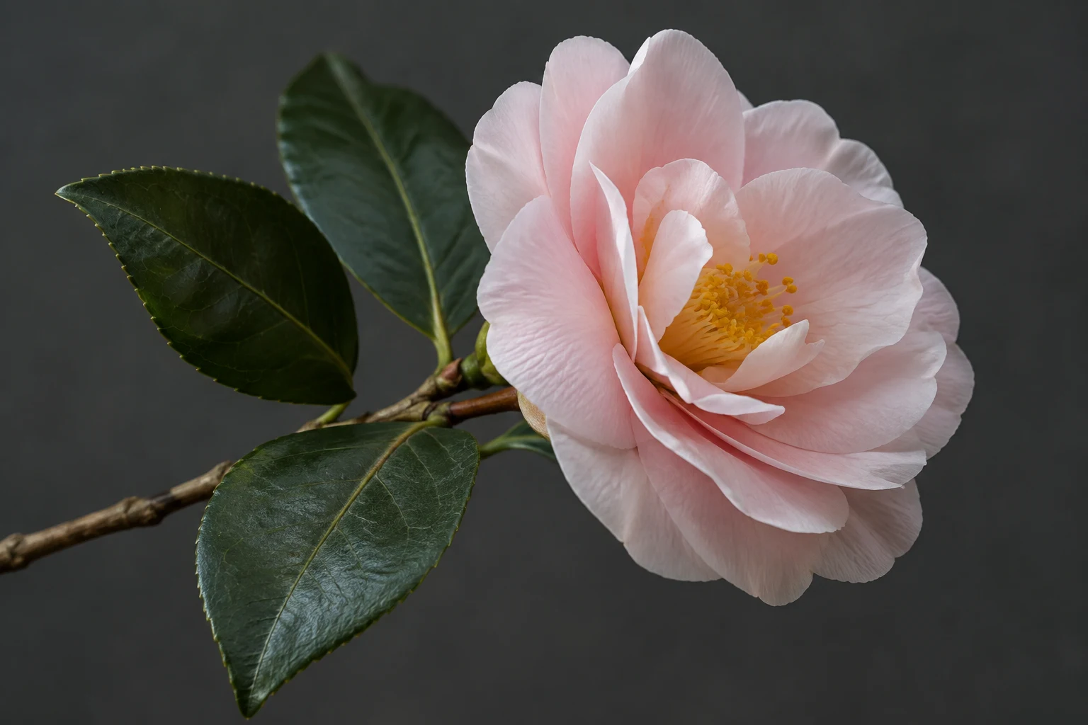 Blush pink camellia with yellow stamens and three green leaves on a diagonal twig.