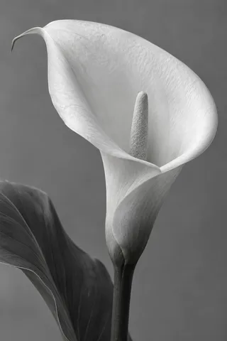 Black-and-white calla lily with a rolled pale edge and a broad dark leaf.