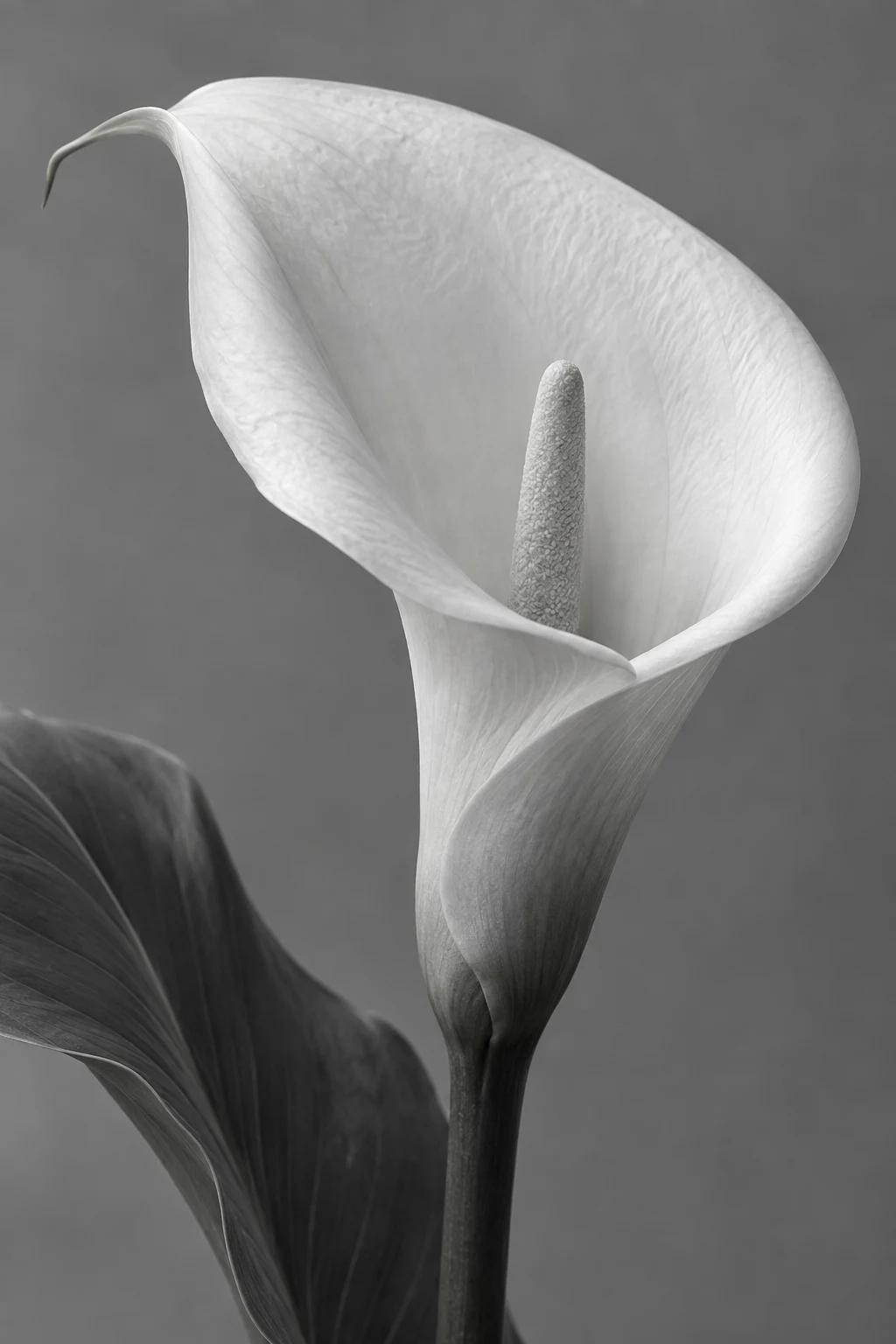 Black-and-white calla lily with a rolled pale edge and a broad dark leaf.