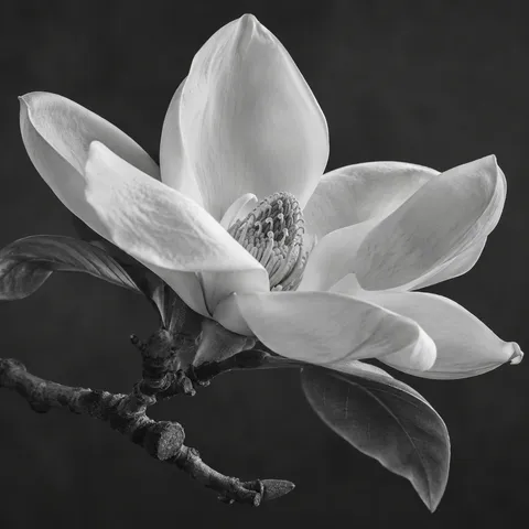 Open monochrome magnolia with a detailed center, broad white tepals and a gray branch.