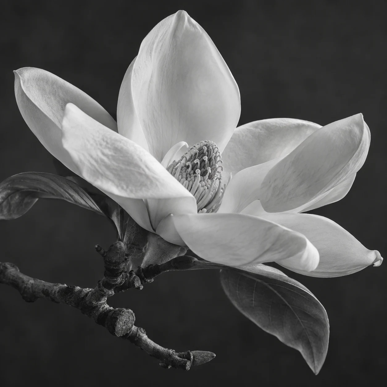 Open monochrome magnolia with a detailed center, broad white tepals and a gray branch.
