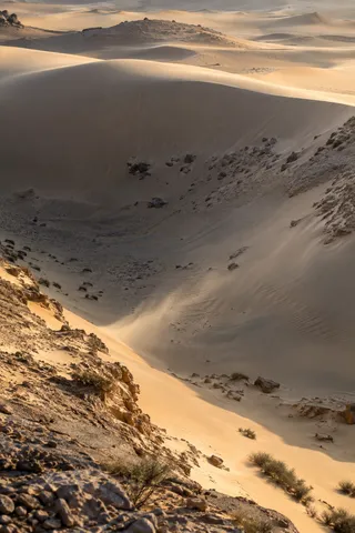 Deep sandy hollow with a pale upper ridge, weathered stone shoulders and small dry shrubs in a tall desert view.