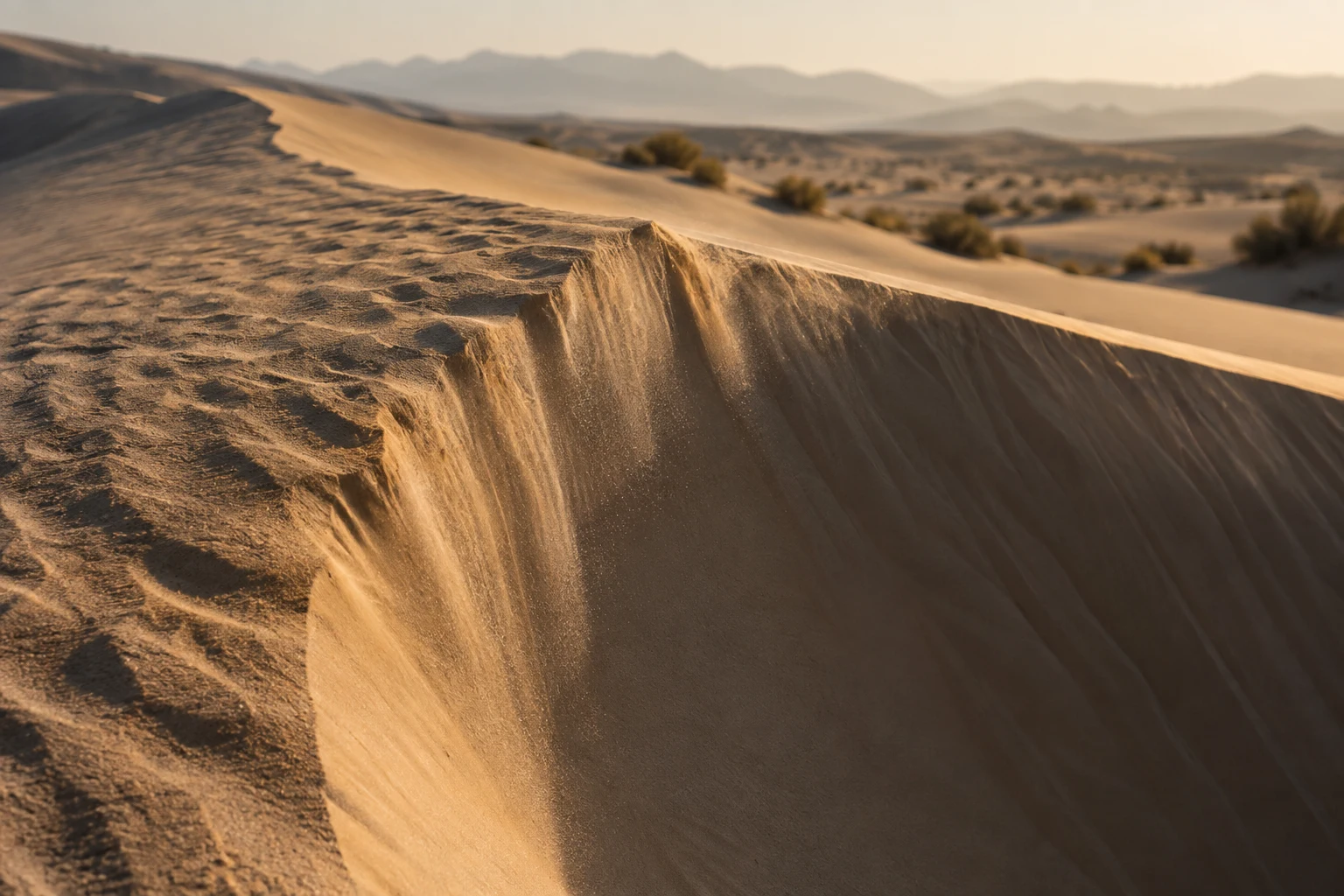 Close view of fine sand falling from an uneven dune lip onto a shaded sand face, with soft desert terrain behind.