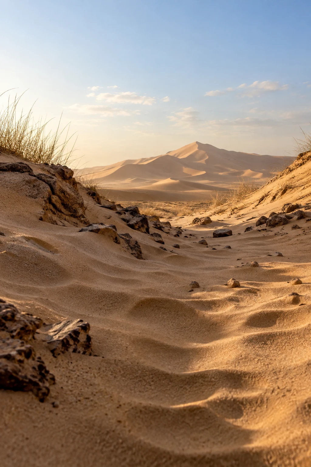 Low sandy passage between rocky grass-topped banks leading toward distant dunes and pale sky.