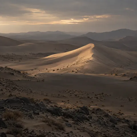One softly illuminated sand ridge among darker dune folds and rocky scrub beneath a cloudy evening sky.