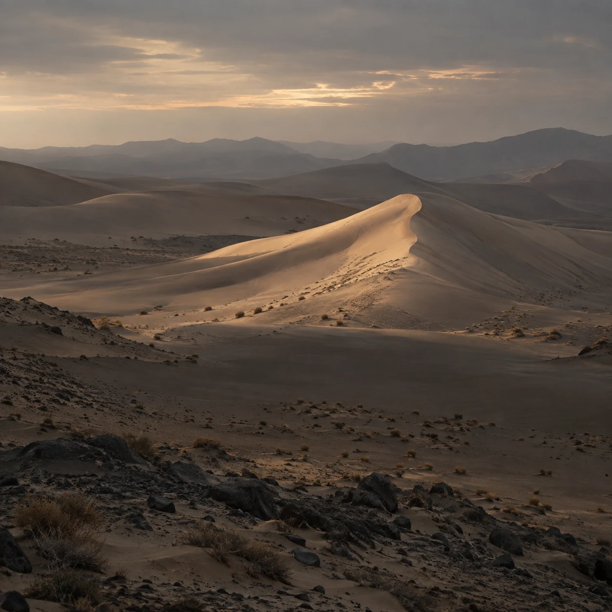 One softly illuminated sand ridge among darker dune folds and rocky scrub beneath a cloudy evening sky.