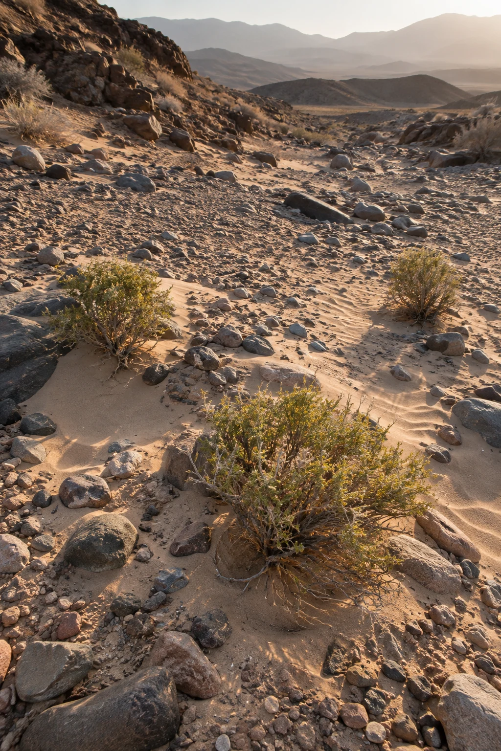 Three low shrubs growing in pale sand pockets among varied stones in a dry desert wash.