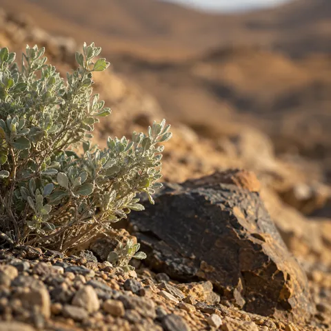 Close silver-green desert shrub beside a dark stone, with fine sunlit leaf edges and softly blurred earth behind.
