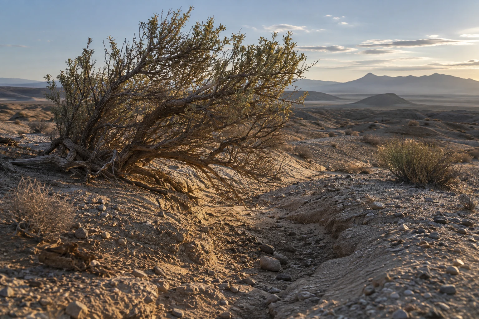 Wind-shaped desert shrub leaning above a shallow gravelly erosion channel in warm side light.