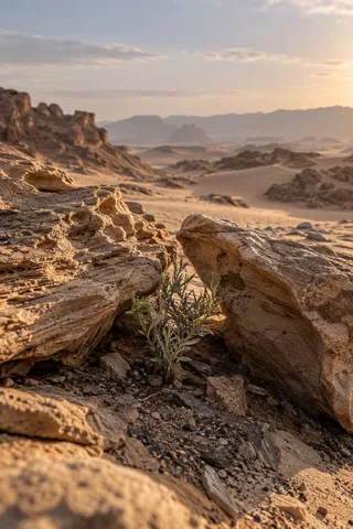 Small gray-green shrub rooted between two rough sandstone rocks with a softly blurred desert beyond.