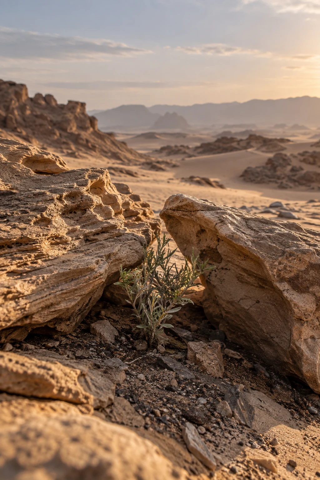 Small gray-green shrub rooted between two rough sandstone rocks with a softly blurred desert beyond.