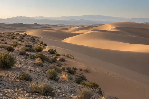 Diagonal boundary between low desert scrub on gravel and broad warm sand dunes with hazy ridges behind.