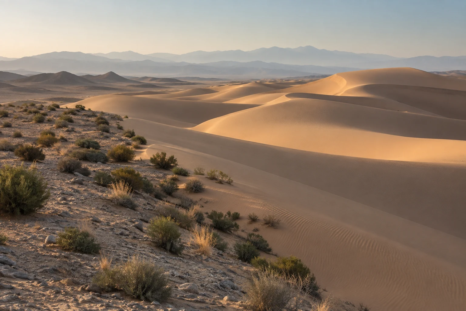 Diagonal boundary between low desert scrub on gravel and broad warm sand dunes with hazy ridges behind.