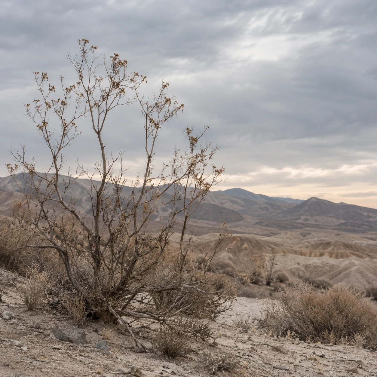 Bare branching desert scrub with a few dry tip remnants before pale eroded hills and a clouded sky.
