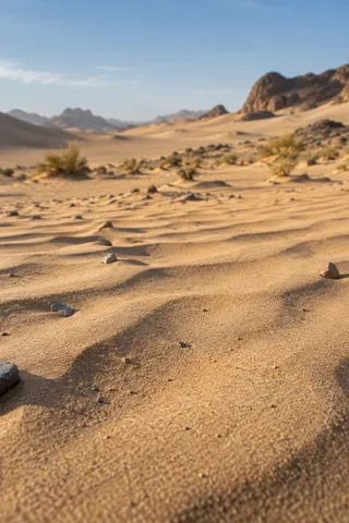 Low close view across fine sand ripples and small stones toward a softly blurred desert background.