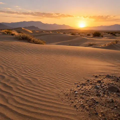 Warm low sunlight over rippled sand beside a rough gravel patch, with dunes, scrub and distant ridges.