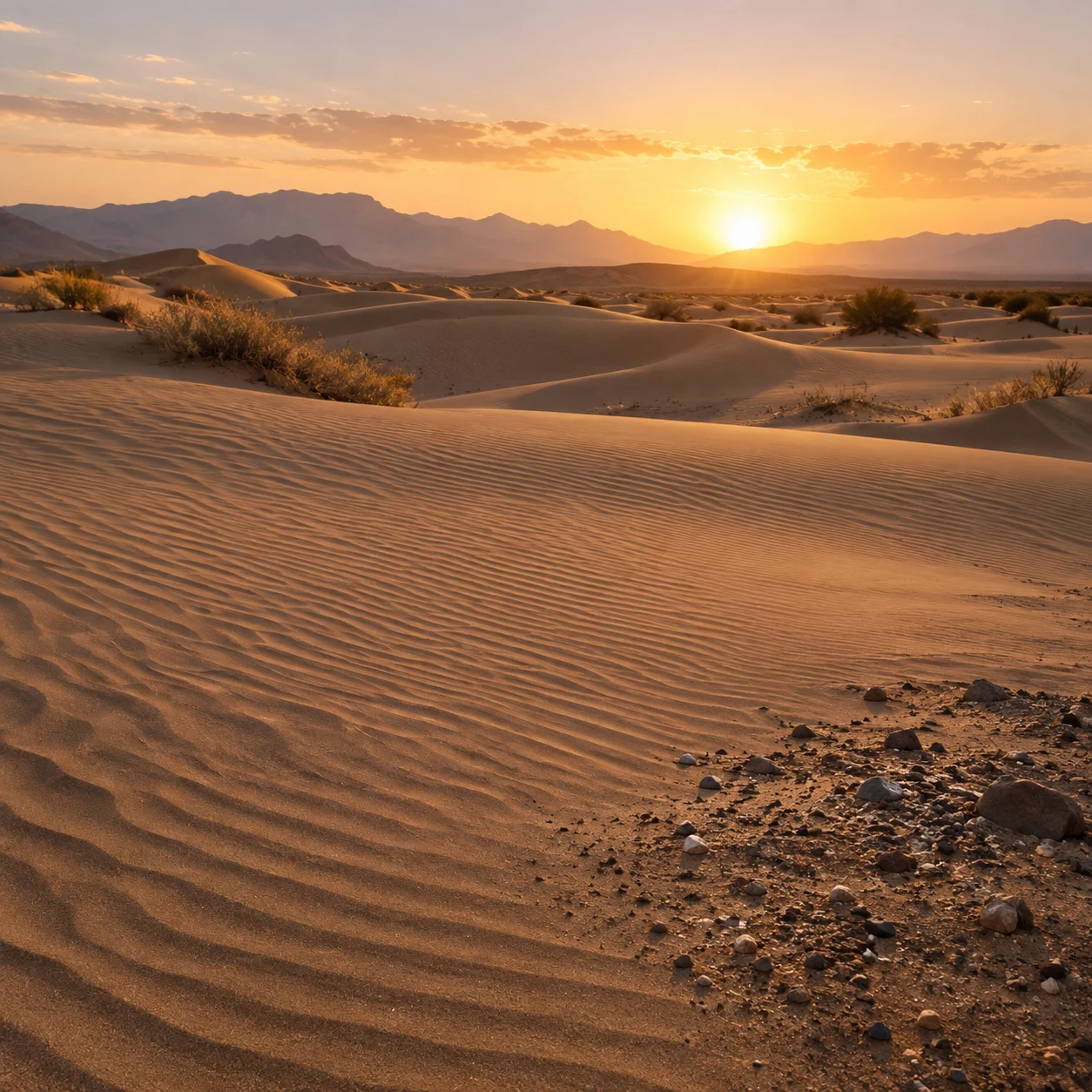 Warm low sunlight over rippled sand beside a rough gravel patch, with dunes, scrub and distant ridges.