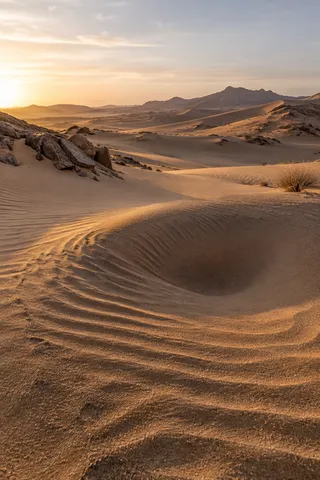 Curved sand ripples around a shallow hollow with rocks, sparse scrub and distant dunes in low warm light.