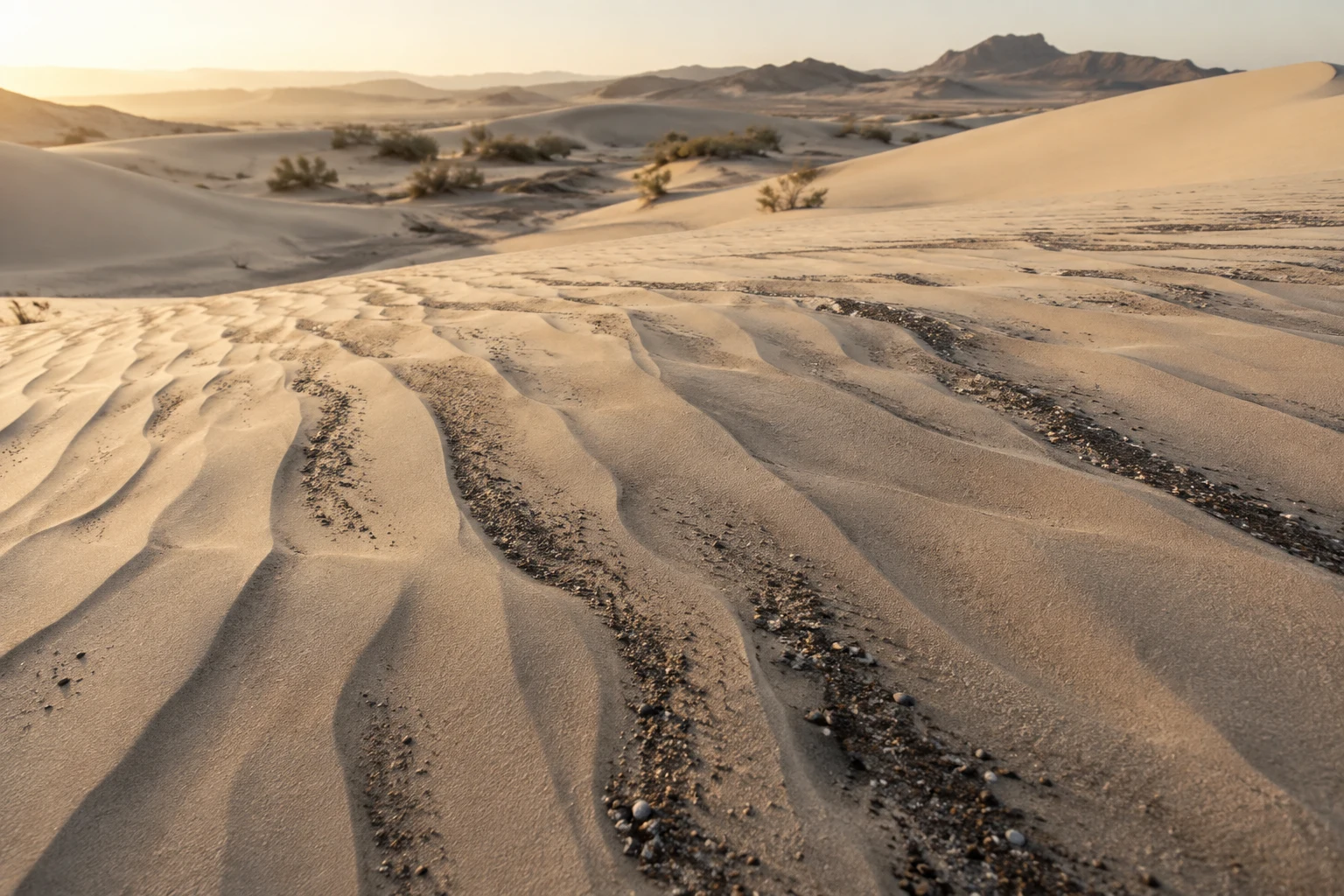 Dark mixed grains and small pebbles gathered in irregular troughs between pale sand ridges.