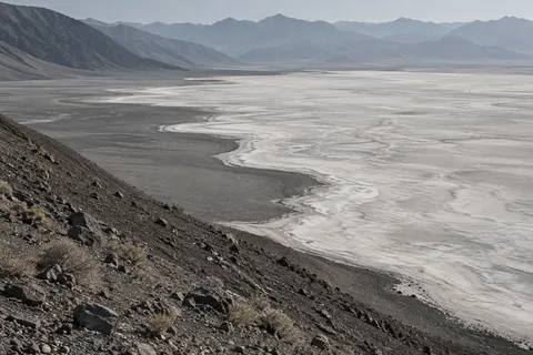 Pale salt-basin margin curving beside a dark gravel slope with stones and hazy ridges beyond.