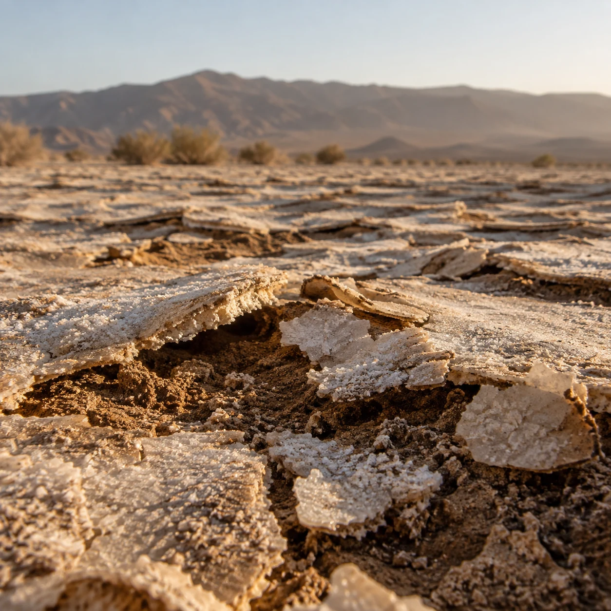 Close low view of broken pale salt-crust flakes lifting above brown earth with soft desert terrain behind.