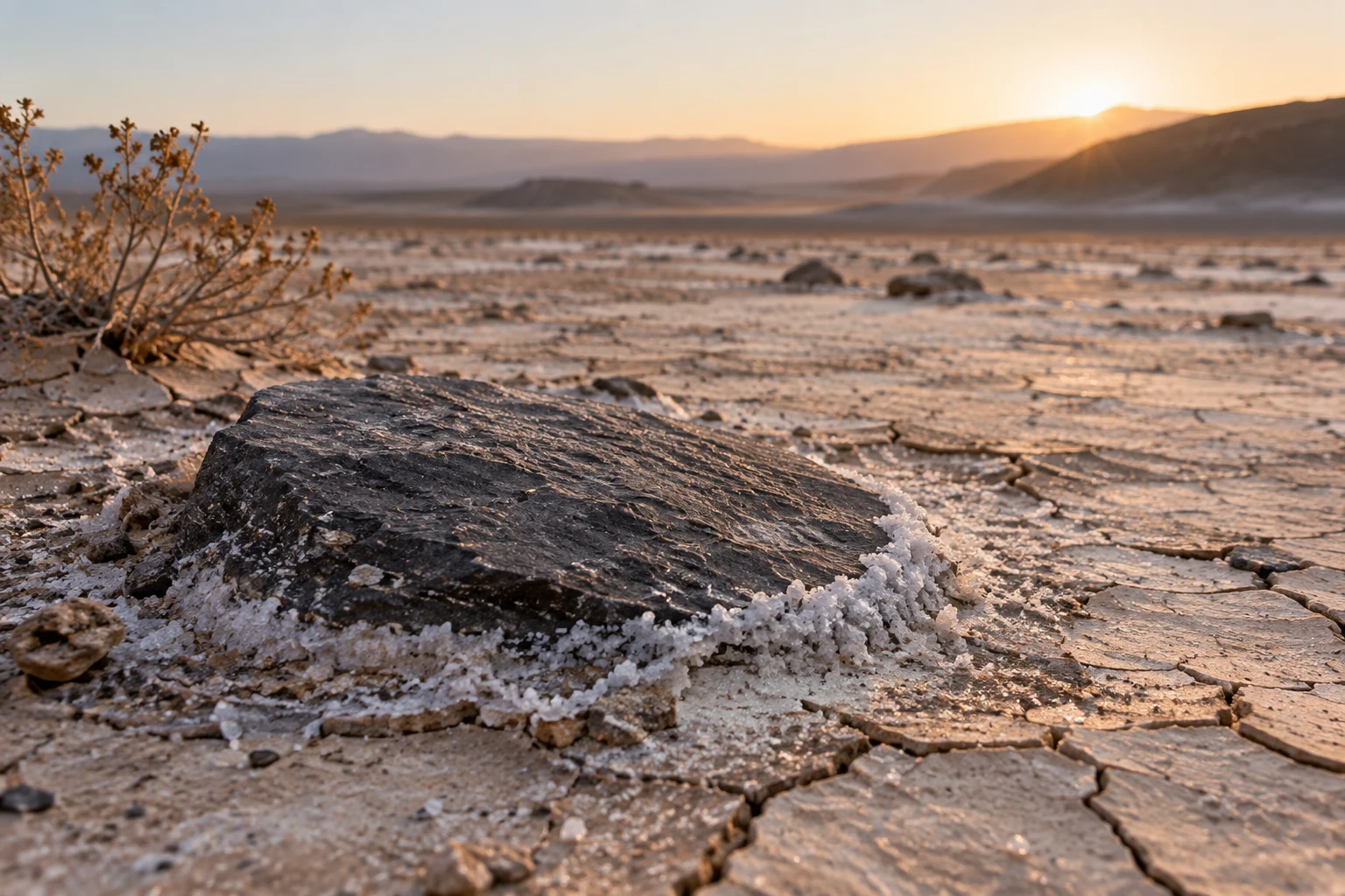 Dark flat stone surrounded by white salt deposits on cracked pale earth in low warm light.
