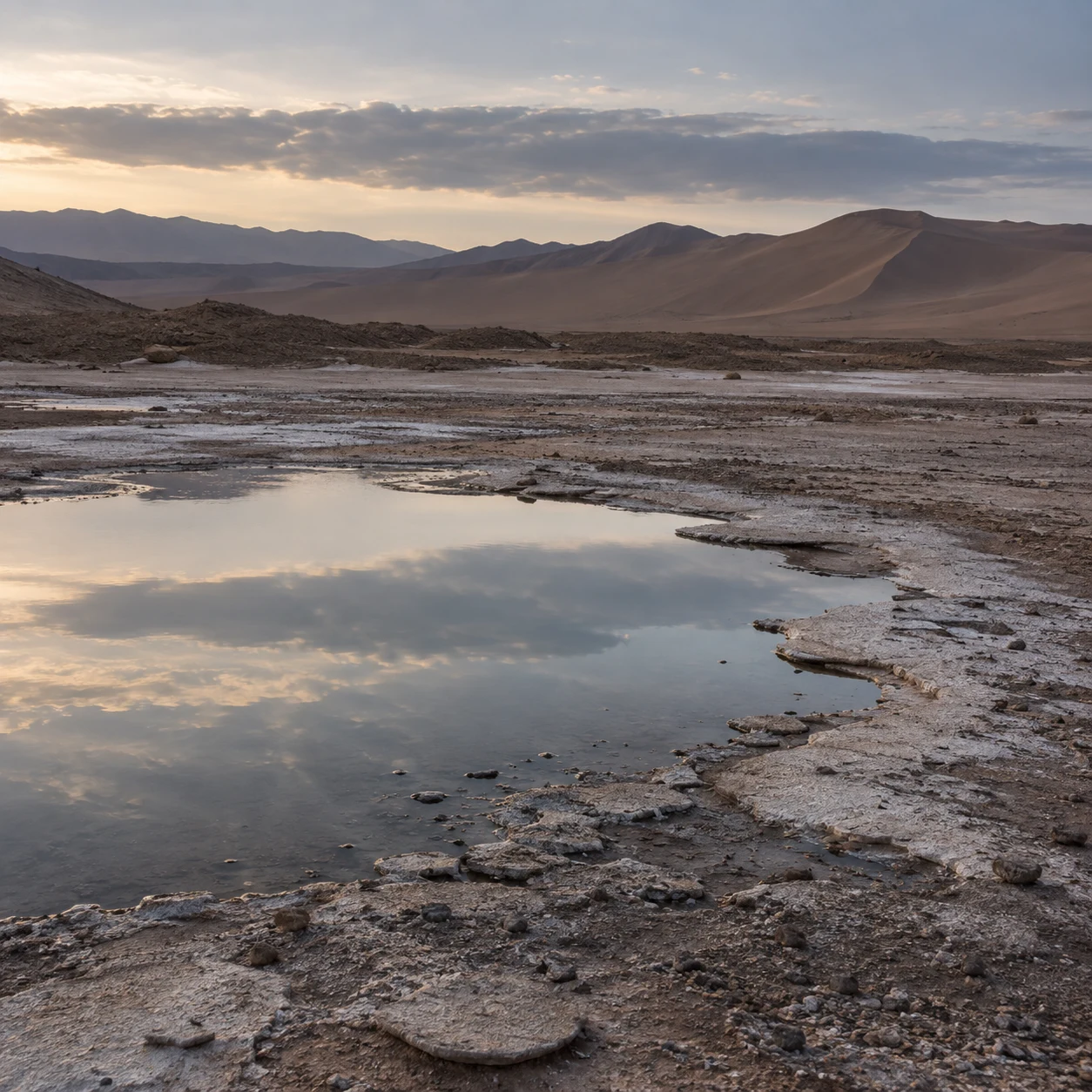 Still shallow basin pool reflecting gray clouds beside a crusted bank, with dunes and low ridges beyond.
