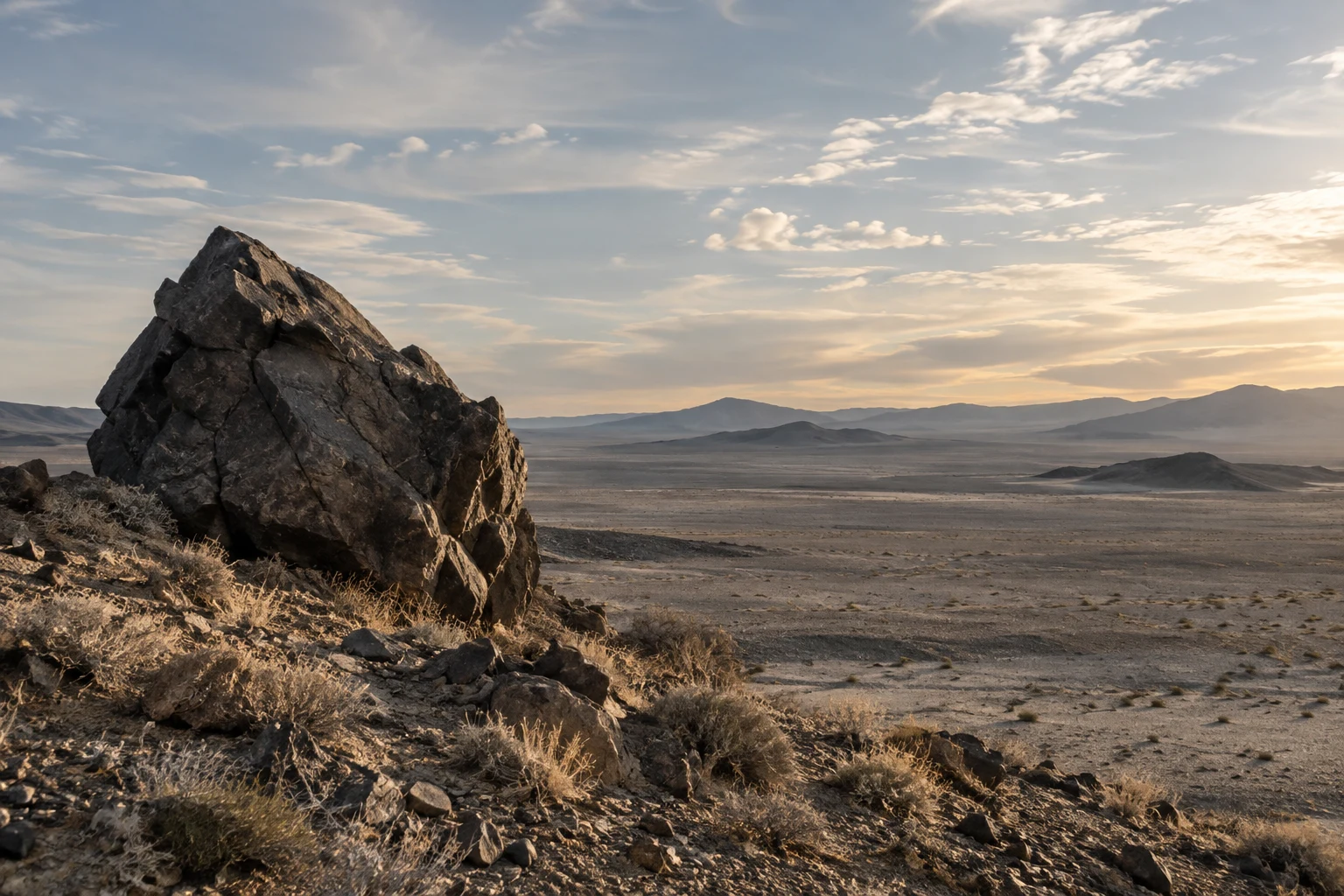Dark angular boulder on a scrub-covered gravel slope above a broad desert plain.