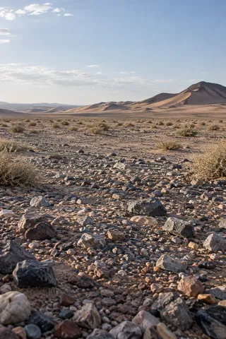 Varied desert gravel and sparse scrub leading toward low sandy ridges beneath pale blue sky.