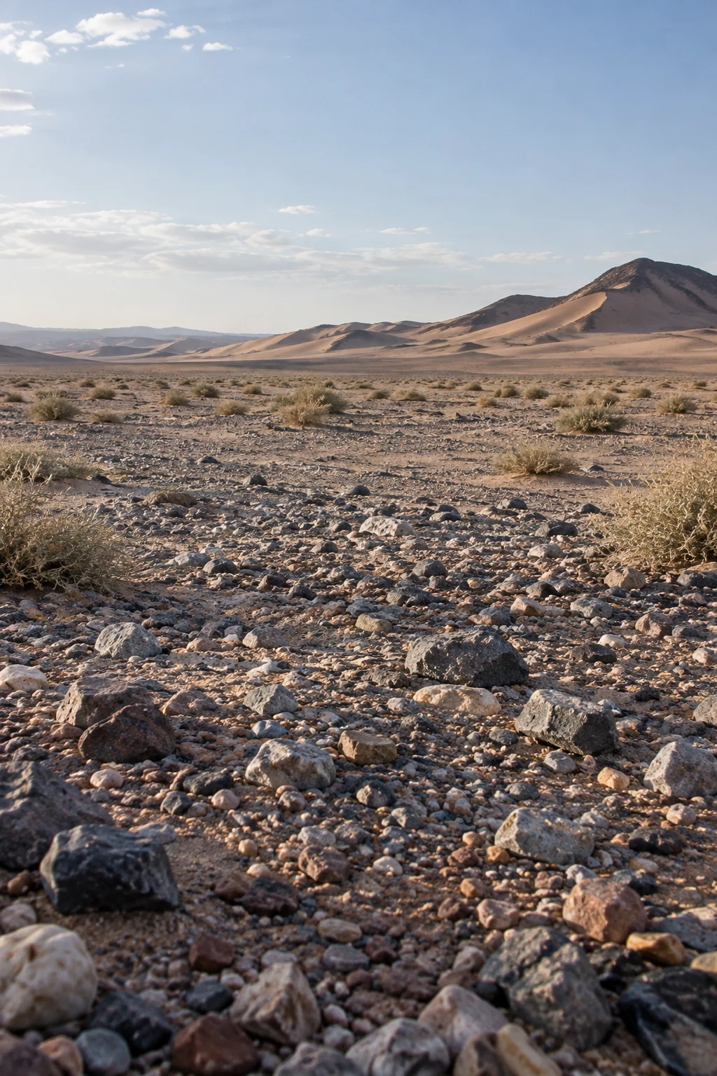 Varied desert gravel and sparse scrub leading toward low sandy ridges beneath pale blue sky.