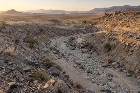 Curving dry wash with mixed stones and gravel banks in a quiet desert plain.