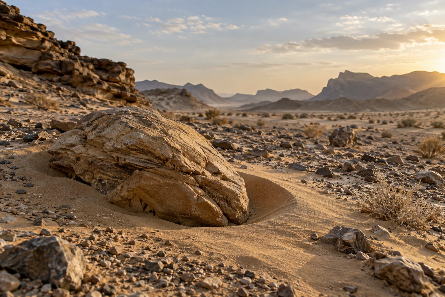 Layered tan boulder in a shallow wind-shaped sand hollow surrounded by gravel and sparse scrub.