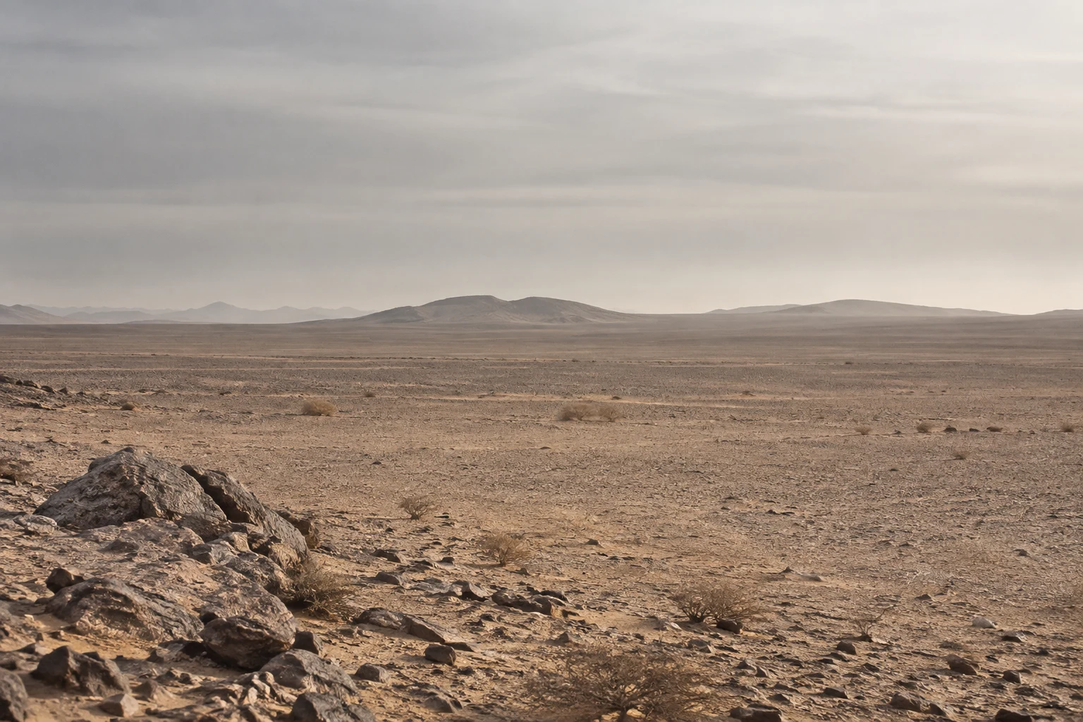 Stones and sparse scrub on a broad desert gravel plain beneath low hills and a pale gray sky.