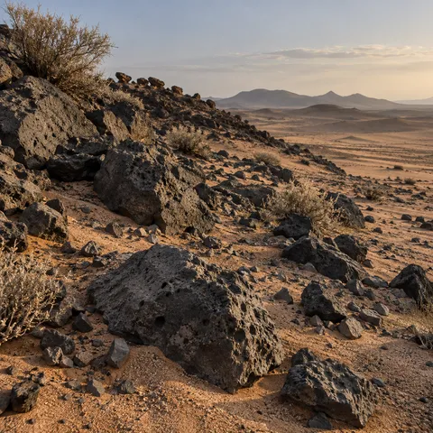 Dark pitted rocks and dry shrubs on a sandy desert slope with distant low mountains.