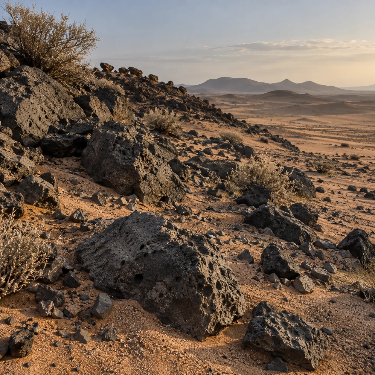 Dark pitted rocks and dry shrubs on a sandy desert slope with distant low mountains.