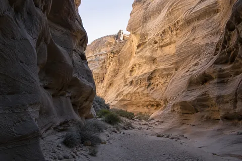 A sunlit ochre canyon wall opposite a shaded gray wall above a sandy, stony passage.