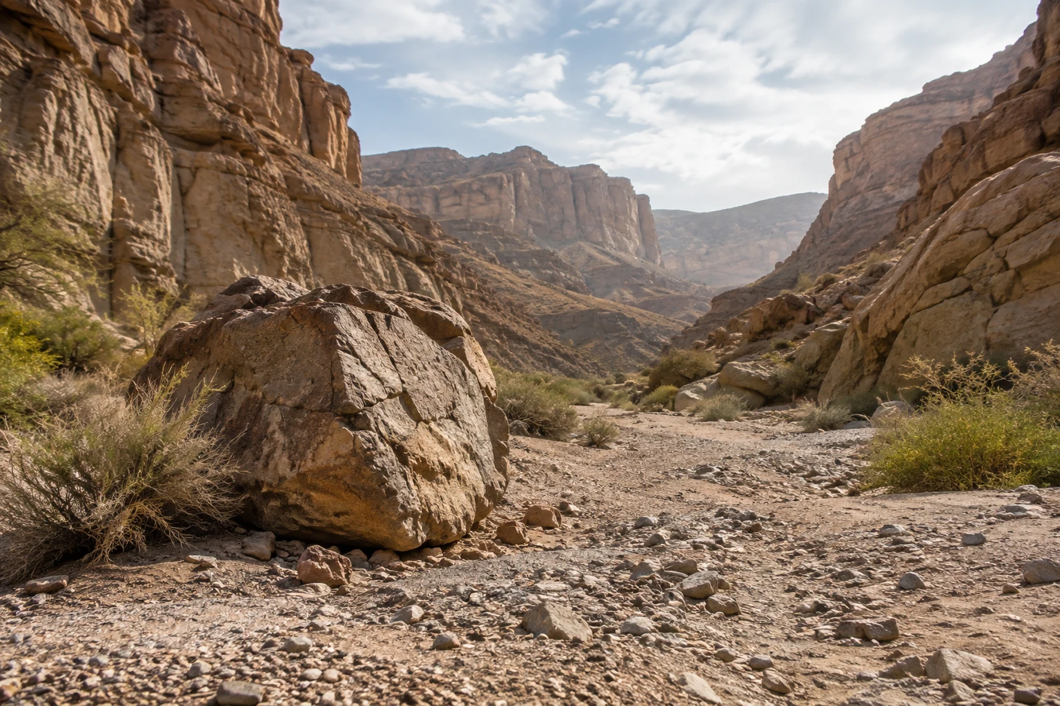 A large rough boulder beside shrubs and a dry gravel wash between wide canyon walls.