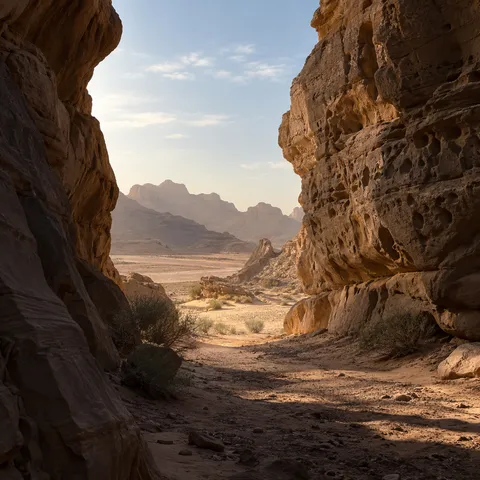 View from a shaded sandstone passage into a sunlit desert basin and distant hills.