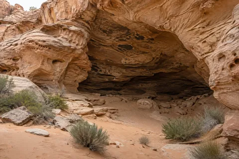 A shallow shaded sandstone alcove above sandy ground, loose rocks, and small desert shrubs.