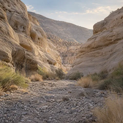 Pale canyon walls above a gravel wash with dry grasses, shrubs, and a distant hazy slope.