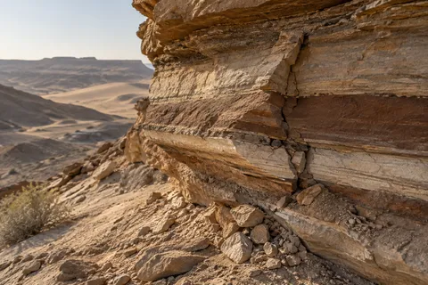 A vertical fracture through cream and rusty sandstone bands with loose fragments below and distant desert slopes.