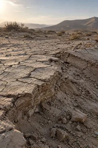 Close cracked clay surface and eroded layered edge with loose fragments below and a distant desert ridge.