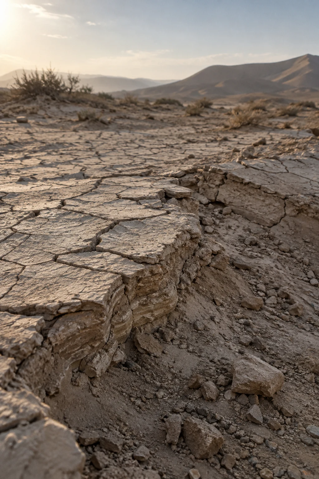 Close cracked clay surface and eroded layered edge with loose fragments below and a distant desert ridge.