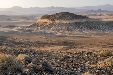 Low dark-topped desert hill with a pale horizontal band above rocky ground and distant hazy mountains.