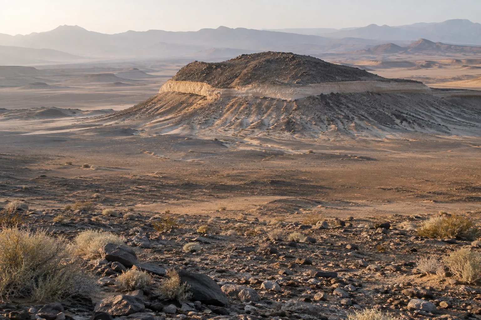 Low dark-topped desert hill with a pale horizontal band above rocky ground and distant hazy mountains.