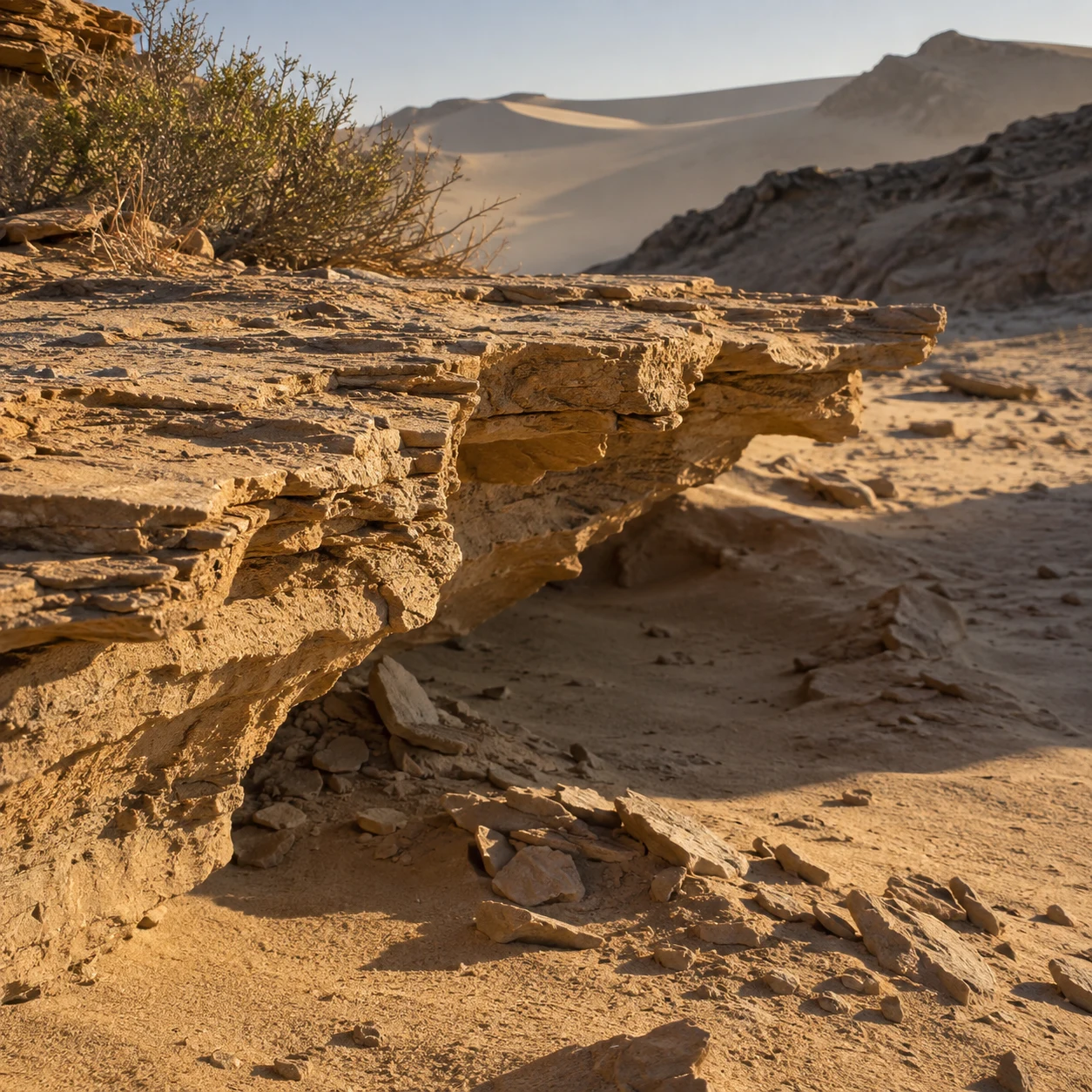 A thin layered rock ledge with fallen flakes on sand, a small shrub, and distant dunes in warm light.